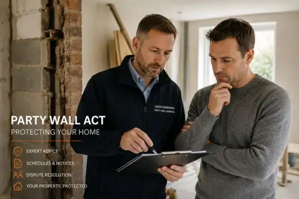 Party wall surveyor Dorset discussing extension plans with homeowner outside a UK semi-detached house.